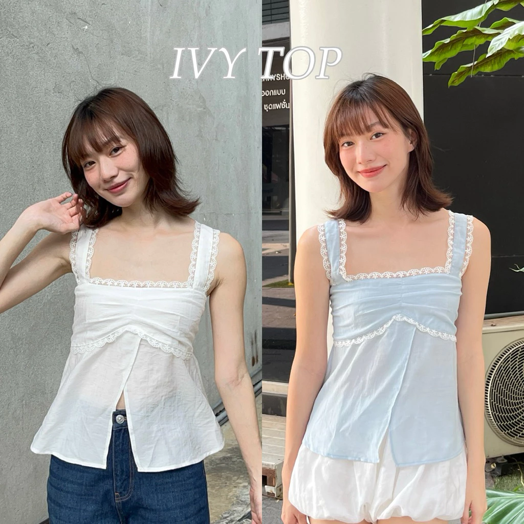 IVY TOP - เสื้อแขนกุดดีเทลแต่งขอบลูกไม้ ช่วงปลายแต่งระบาย (nita.bkk)