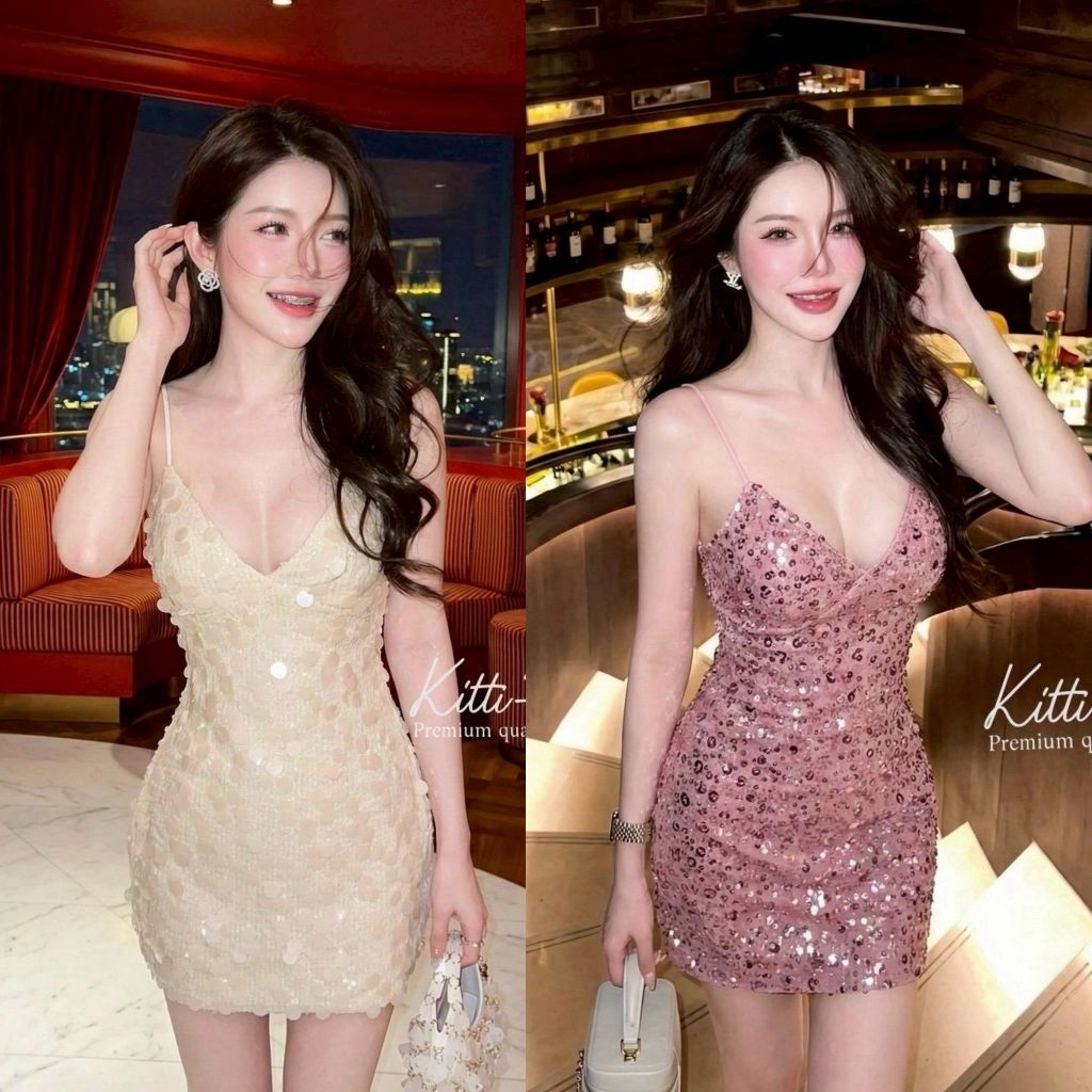 KITTI -T มินิเดรสสายเดี่ยว (Mini Dress) ทรงเข้ารูป เป็นผ้าที่ประดับด้วย เลื่อม หรือคริสตัลเม็ดเล็กๆ