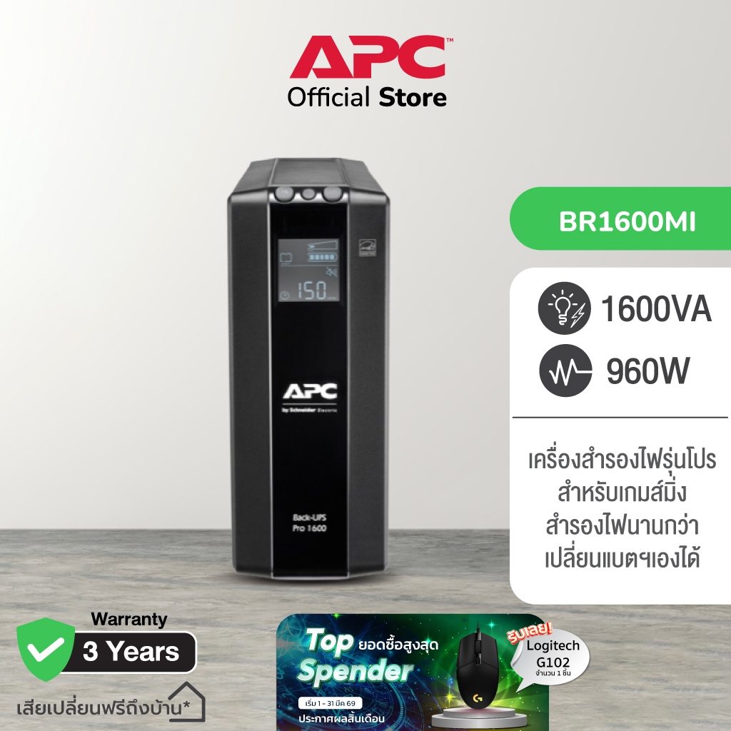 APC Back UPS Pro BR1600MI (1600VA/960WATT) มี AVR 8 IEC Outlets หน้าจอ LCD แจ้งเตือนสถานะ