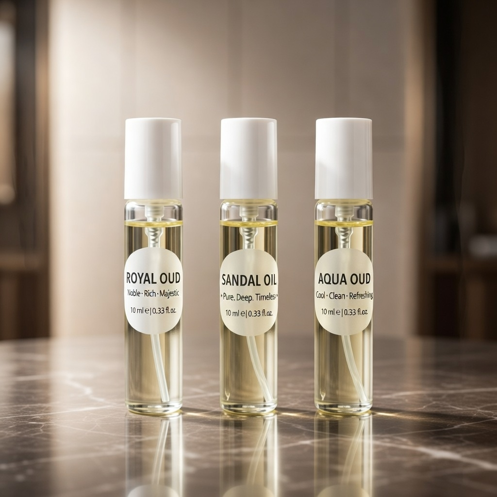 เซ็ตน้ำหอมกลิ่นสุภาพ หรูหรา 3 กลิ่นยอดฮิต (Sandal Oil, Aqua Oud, Royal Oud) ติดทนนาน ไม่ฉุน ฉีดทำงาน