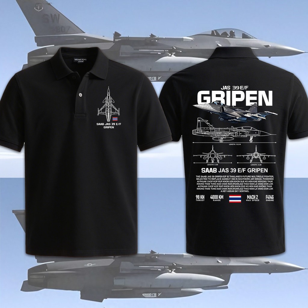 เสื้อโปโลแขนสั้นพิมพ์ลาย Saab JAS 39 E/F Gripen สำหรับผู้ชายและผู้หญิง พร้อมส่ง ผลิตจากผ้าฝ้าย 100% 