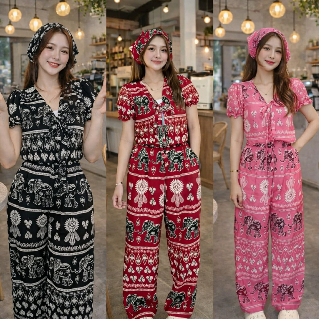 ชุดช้างลายใหม่ 3 ชิ้น ผ้าไหมอิตาลีอย่างดี เสื้อแขนตุ๊กตาผูกหน้า + กางเกงเอวสูงขายาว + ผ้าผูกผม น่ารักสุดๆ