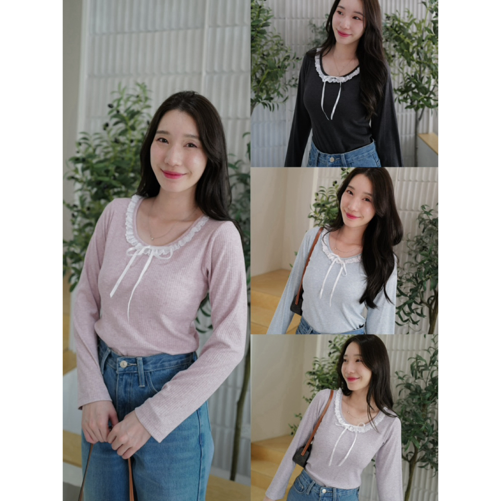 เสื้อคอกลม แต่งริบบิ้น ‘ลูกไม้‘ (5สี)