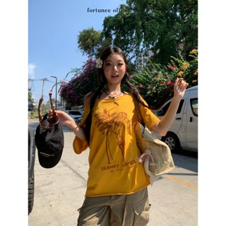 ❣Fortunee ❣ เสื้อยืดแขนสั้นพิมพ์ลาย ทรงหลวมดีไซน์ไหล่เฉียง แ…