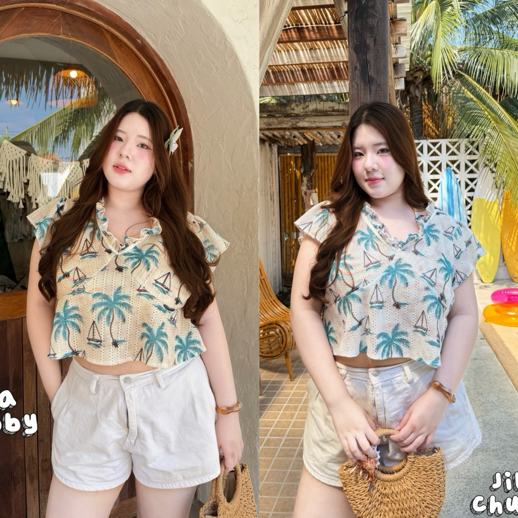 เสื้อคอวีผ้าลูกไม้ถักโครเช ลายต้นมะพร้าว สาวอวบ อก38-50นิ้ว ใส่ไปทะเล แมทช์กับบิกินี่เริ่ดๆ🌴🔥