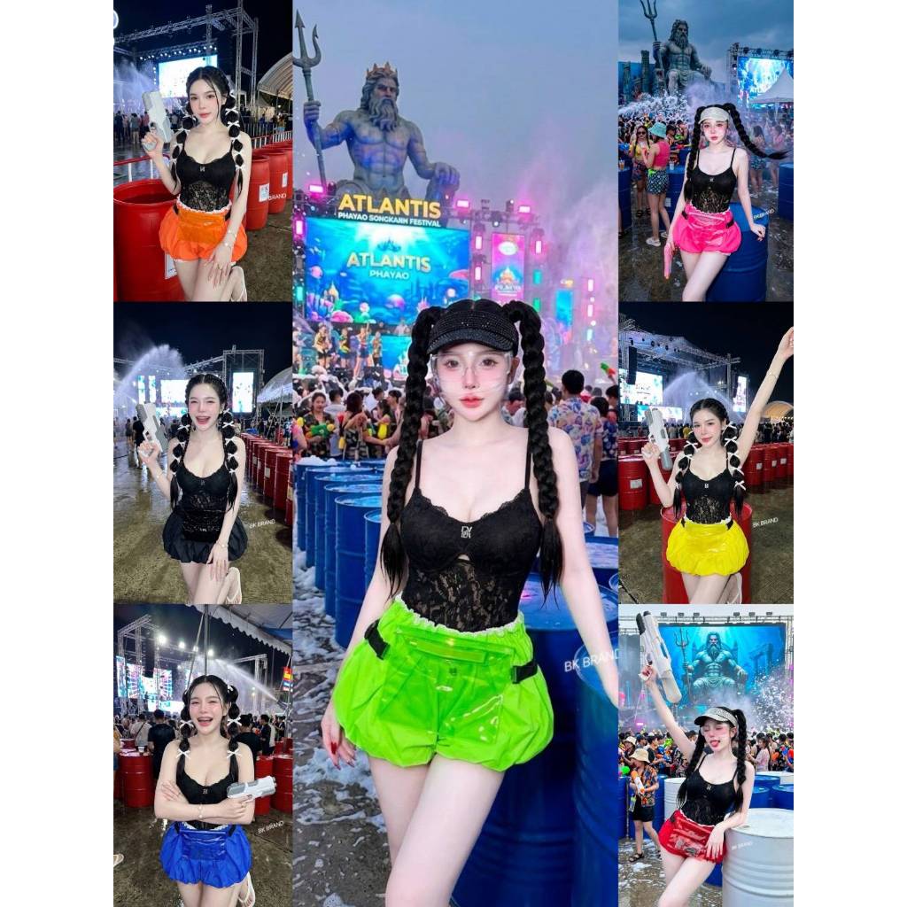 【BK BRAND】 BK 36638 เซตสายเดี่ยวบอดี้สูทติดเข็มกลัดbk กางเกงขาสั้นบอลลูนมีซับใน