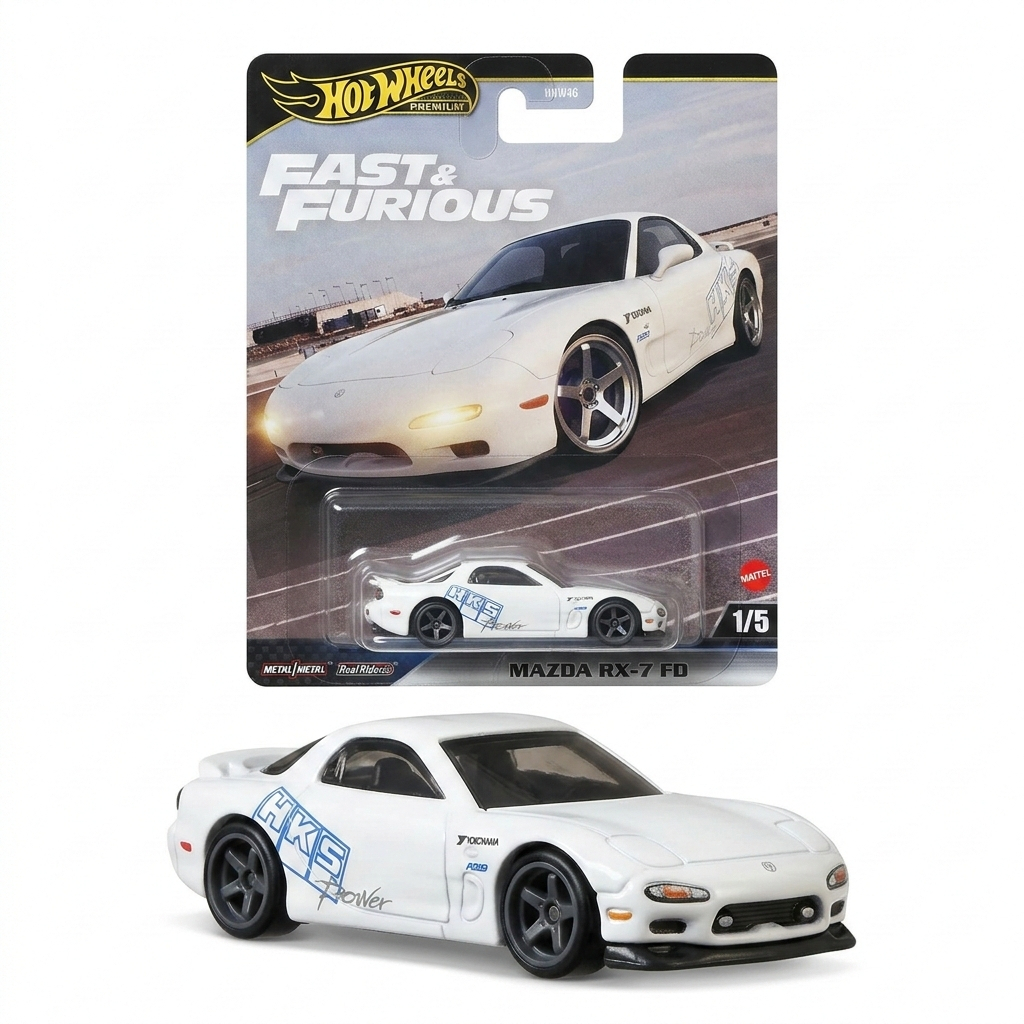 Hot Wheels Premium Mazda RX-7 FD สีขาว ลาย HKS Rays สเกล1/64 ซีรีส์ Fast & Furious 2025 โมเดลรถเหล็ก