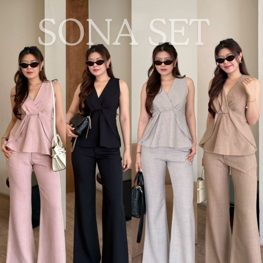 Sona set :ชุดเซ็ทขายาว ชุด 2 ชิ้นกางเกงขายาว เสื้อกล้ามแขนกุดแต่งบิดช่วงหน้า งานเรียบหรู BETTY (ฺB057)