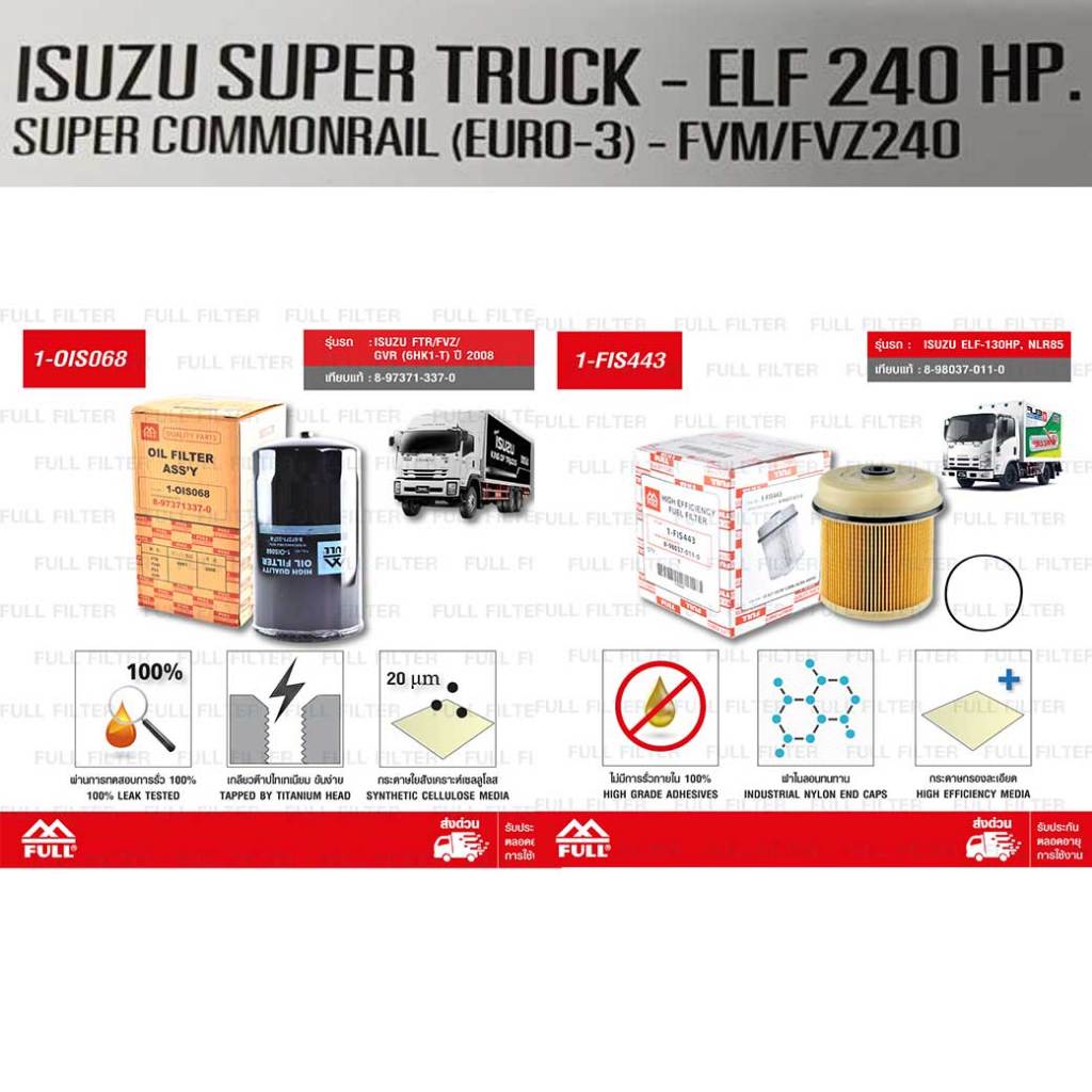 FULL ชุดกรองเครื่อง และกรองน้ำมันเชื้อเพลิง ใช้สำหรับ ISUZU ELF 240HP FTR240 / FVM240 / FVZ240 [ 1-O