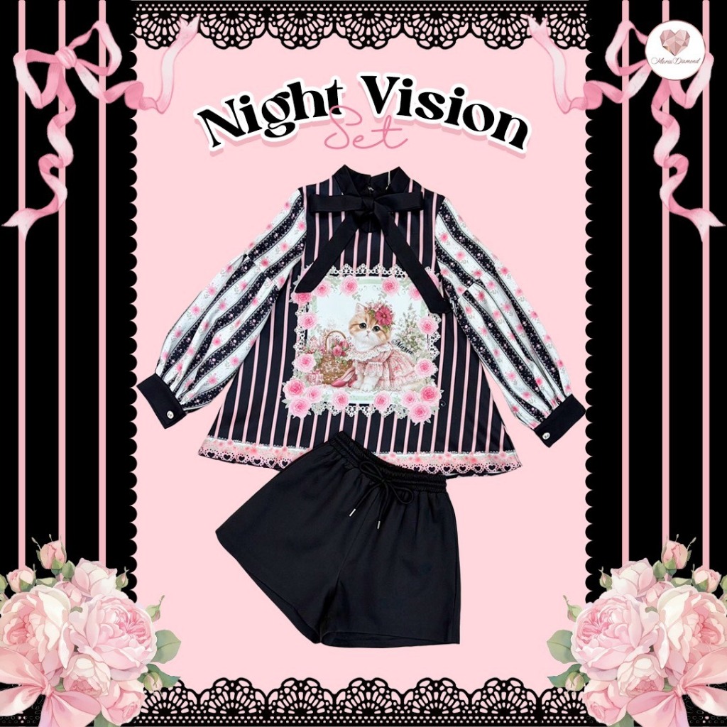 (มี3XL) สีชมพูดำ Night Vision Set เซ็ต 2 ชิ้น เสื้อทรงปล่อยตัวยาวแขนยาวซิปหลังมีซับใน + กางเกงขาสั้นเอวสม็อค