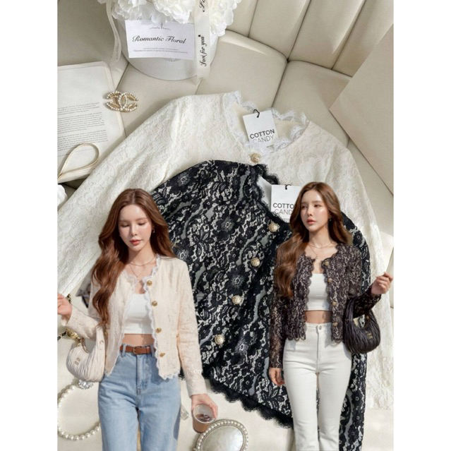 Cottoncandy New Milata Korea เสื้อเบลเซอร์ลูกไม้ ดีไซน์หรูหรา แต่งเชิงลูกไม้ทั้งตัวและกระดุมสีทอง