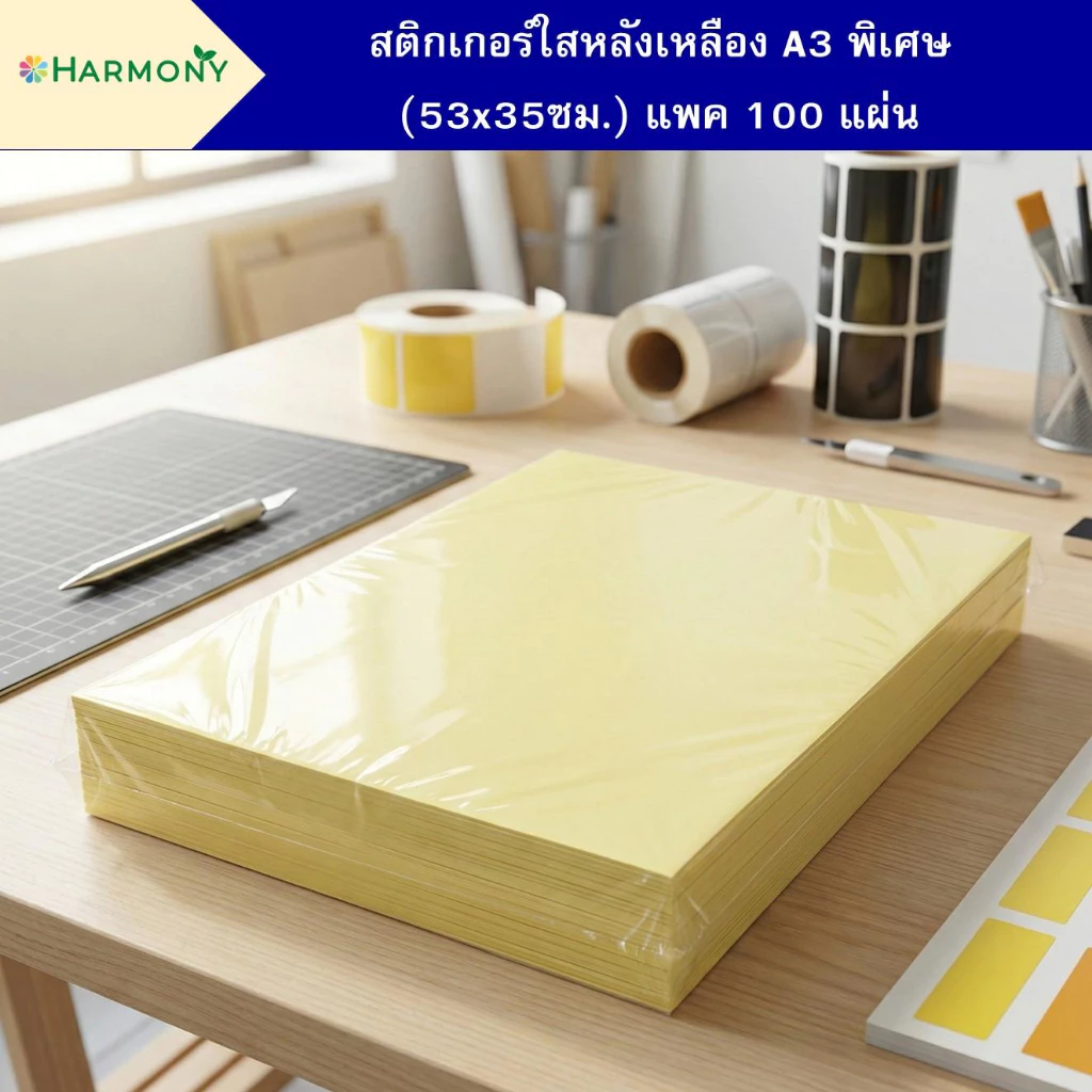 สติ๊กเกอร์ใสหลังเหลือง A3 พิเศษ กันน้ำได้ สำหรับเคลือบปกหนังสือ (53x35ซม.) บรรจุ 100 แผ่น