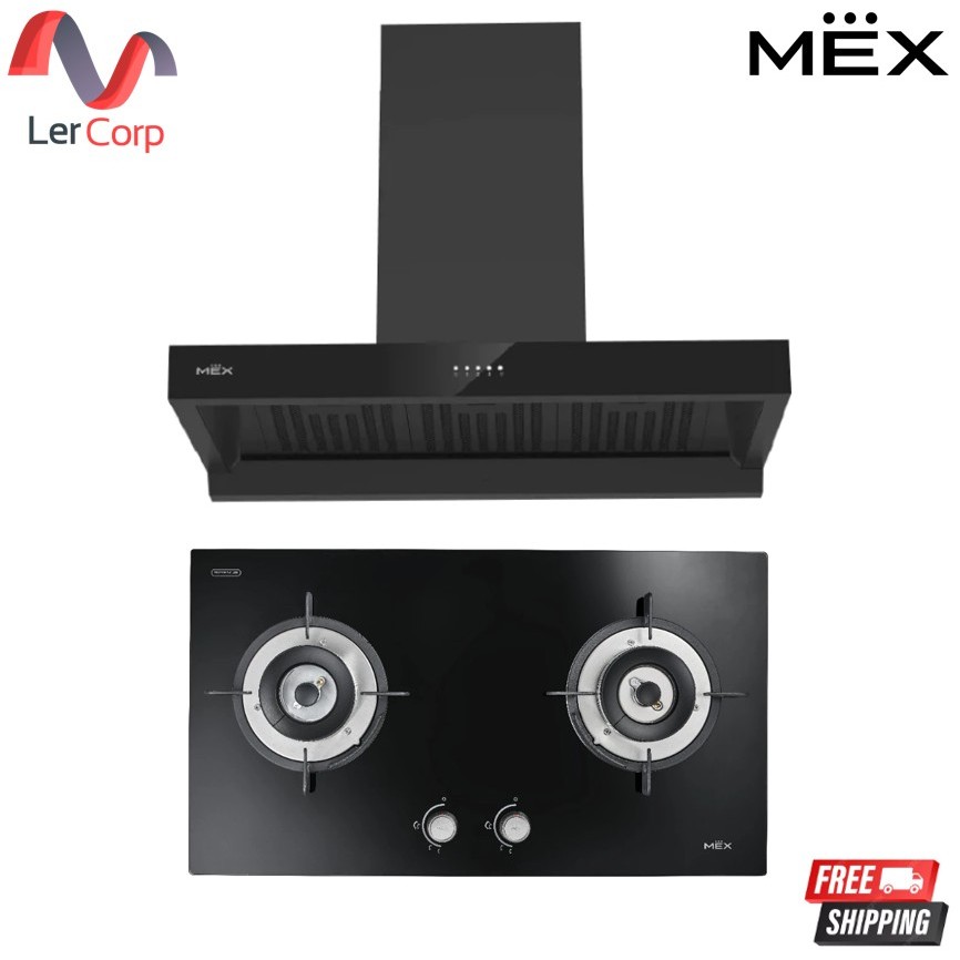 (Mex) เตาแก๊ส 2 หัวเตาทองเหลือง รุ่น V4731M + เครื่องดูดควันทรงกระโจม สีดำ K632BFB90
