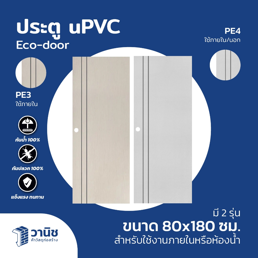 ประตู uPVC Eco-door รุ่น ขนาด 80 x 180 ซม. แบบเจาะลูกบิด รุ่น PE กันปลวก กันน้ำ 100% สำหรับใช้ภายใน