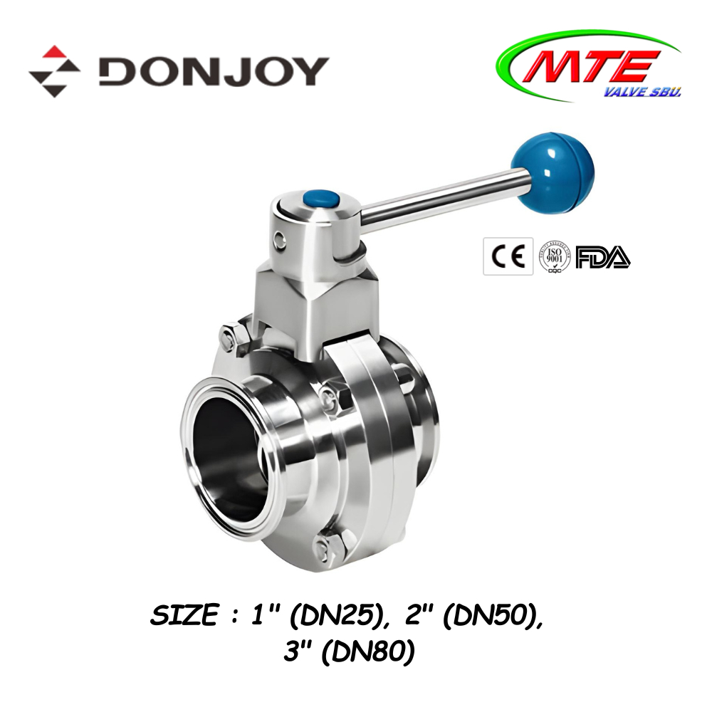 DONJOY วาล์วปีกผีเสื้อ เกรด SS316L Sanitary Butterfly Valve with Pull Handle SS316L Ferrule ขนาด 1" 