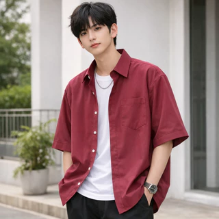เสื้อเชิ้ตแขนสั้นผู้ชาย Oversize ใส่คลุมได้ เสื้อเชิ้ตเกาหลี ดำ/กรม/เทา/แดง/ขาว/ส้ม/เหลือง ใส่สบาย