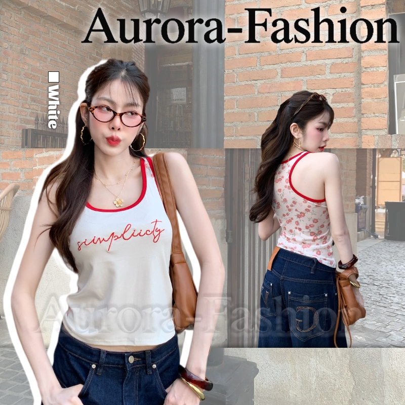 Aurora🛒พร้อมส่ง🚚(รูปถ่ายจากงานจริง) เสื้อสายเดี่ยว การออกแบบตัวอักษรและลวดลาย สีแดงและสีขาว ทรงเข้ารูป
