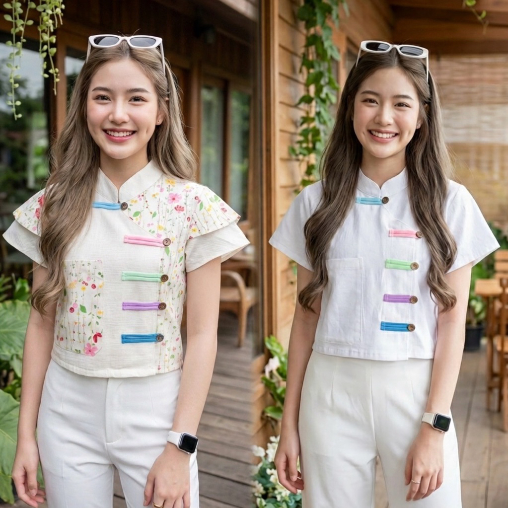 เสื้อพื้นเมืองผู้หญิงคอจีนป้ายข้างทูโทน กระดุมหลากสี