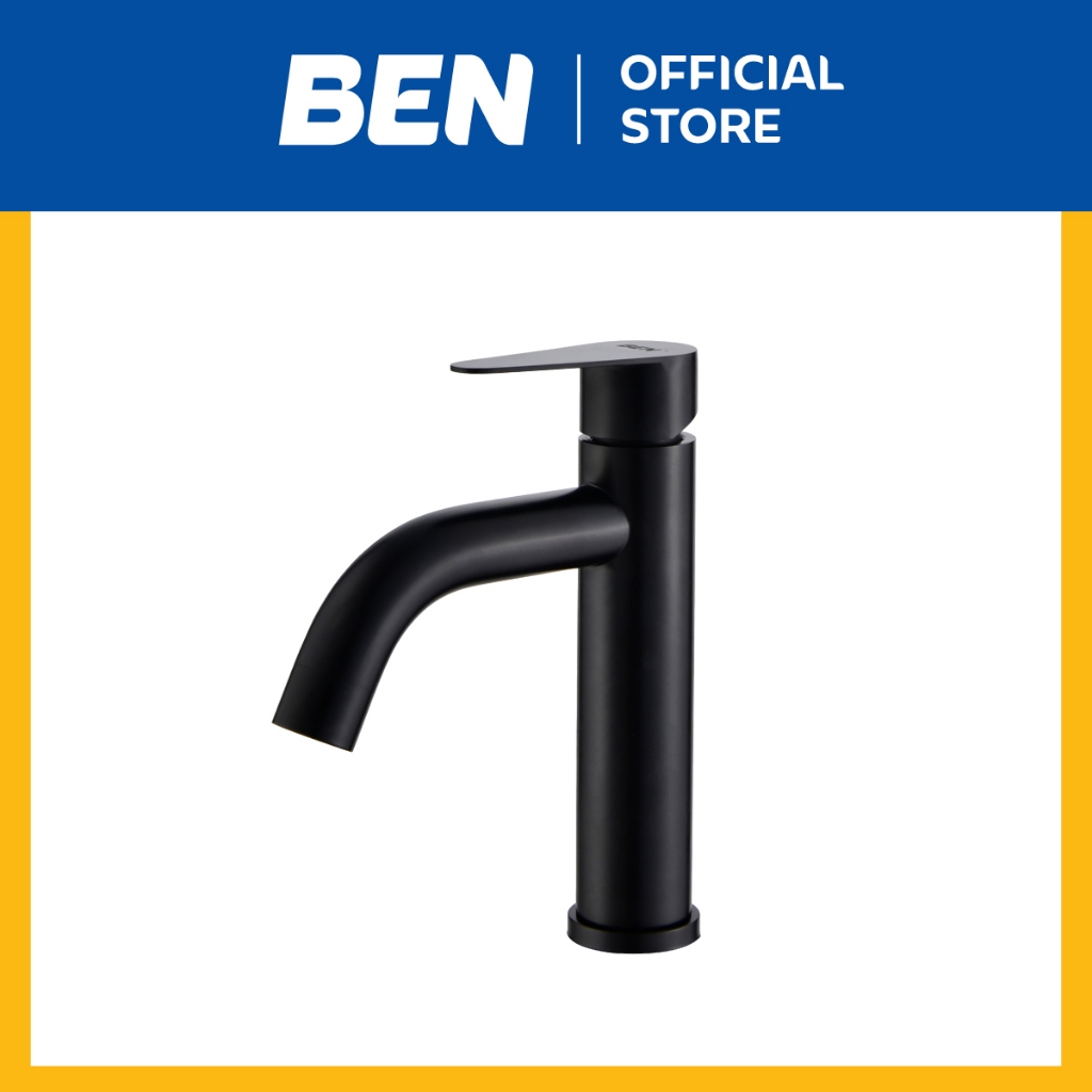 BEN A121-A9696 ก๊อกน้ำเย็นเดี่ยว ติดตั้งกับอ่างได้ทุกยี่ห้อ วัสดุสแตนเลส 304 สีดำ รับประกันวาล์วก๊อกน้ำไม่รั่วซึม 10 ปี