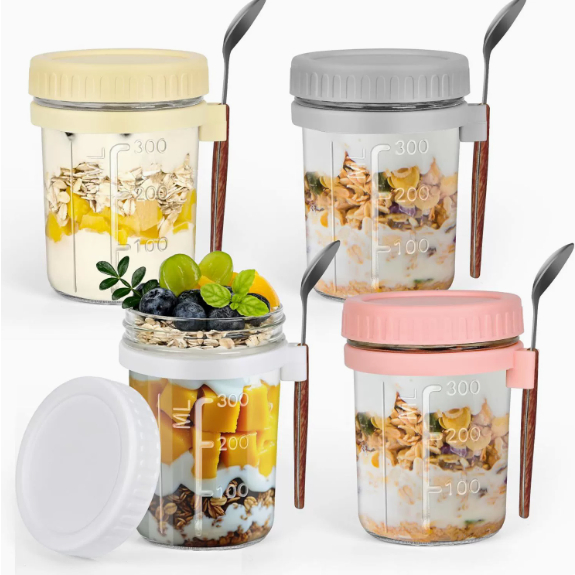 ถ้วยใส่ข้าวโอ๊ตพร้อมช้อนและฝาปิด พกพาสะดวก เหมาะสำหรับข้าวโอ๊ตแช่ข้ามคืน สลัด โยเกิร์ต และอาหารเช้า ภาชนะแก้วปิดสนิท