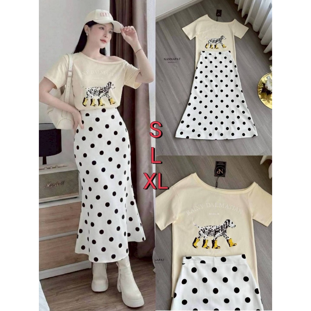 Nannapat เสื้อน้อง Dalmatian ใส่รองเท้าบูทเหลือง แมทช์คู่กับกระโปรง Polka Dot สีขาว-ดำ