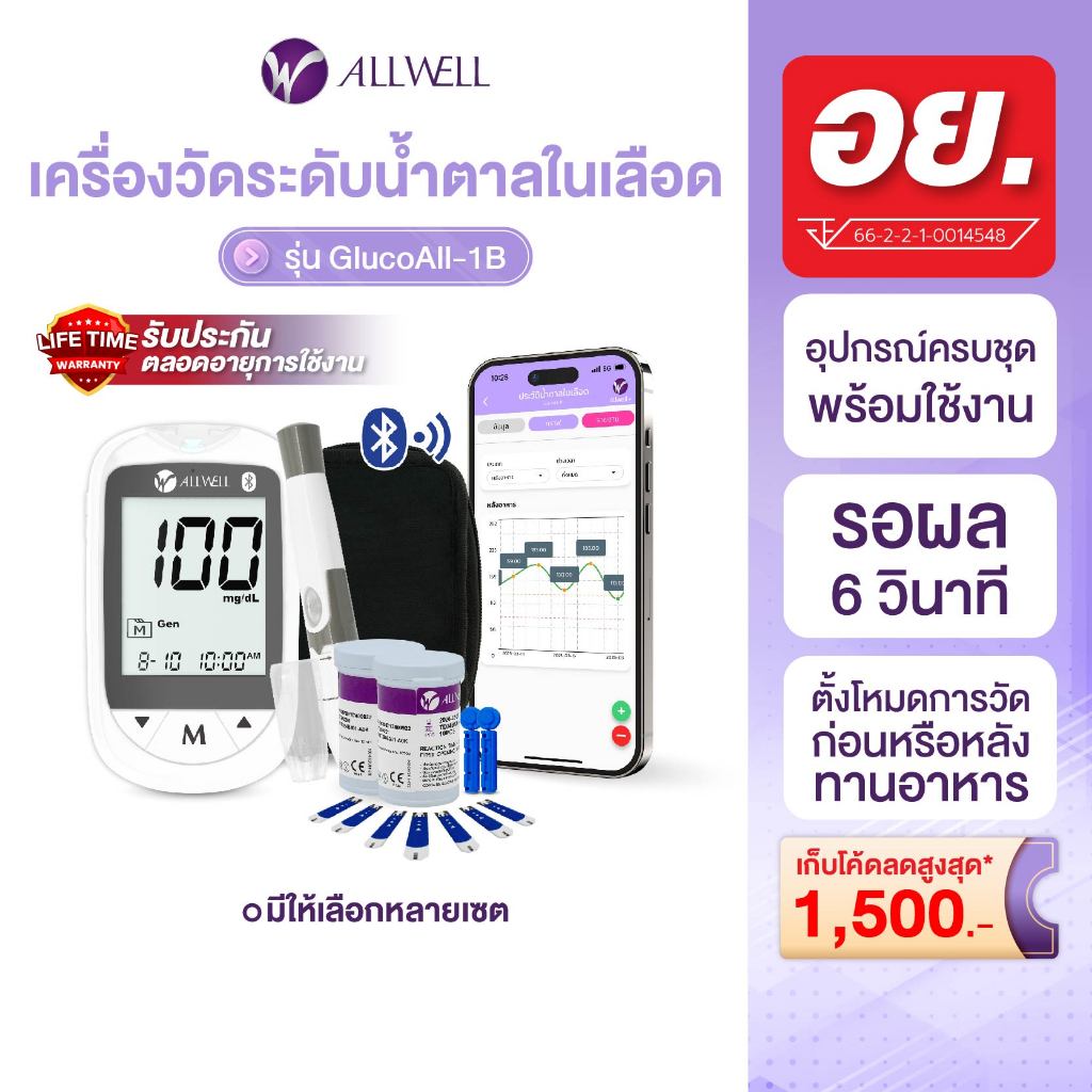 ALLWELL เครื่องวัดระดับน้ำตาลในเลือดและแผ่นตรวจ รุ่น GLUCOALL-1B มีให้เลือกหลายเซต น้ำตาลในเลือด