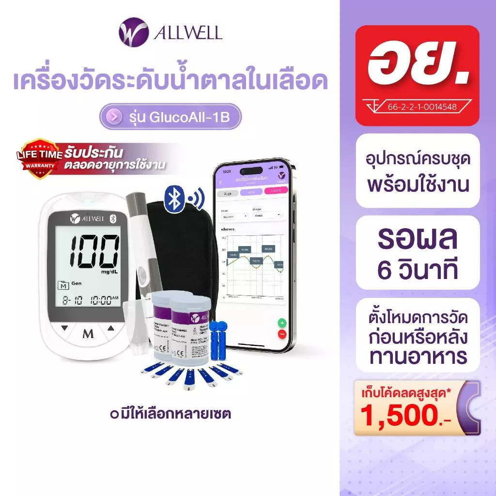 ALLWELL เครื่องวัดน้ำตาลในเลือด แผ่นสำหรับเครื่องวัดน้ำตาล เครื่องตรวจน้ำตาลในเลือด รุ่น GlucoAll-1B มีให้เลือกหลายเซต