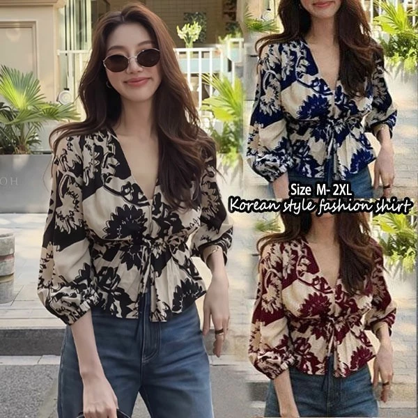 Chili เสื้อผู้หญิงแขนสามส่วน คอวี ผูกเอว ตกแต่งด้วยลายพิมพ์สไตล์เกาหลีย้อนยุค สวยงามและไม่เหมือนใคร#w698