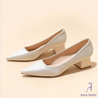 Aura รองเท้าส้นสูงสีเบจ หัวแหลม รองเท้าส้นหนา สไตล์เกาหลี สำ…
