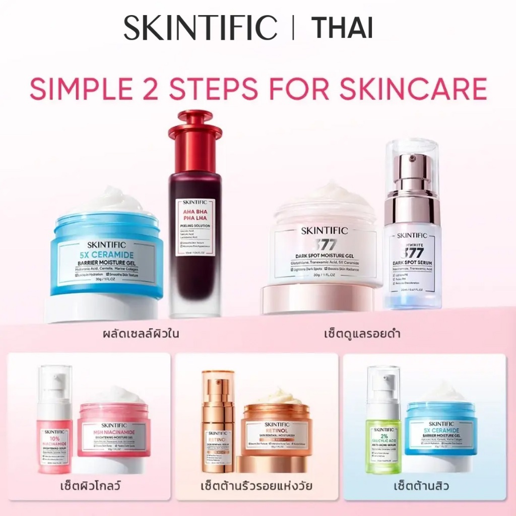 SKINTIFIC 2PCS Skincare Moisturizer+Serum ครีม เซรั่ม AHA BHA Peeling Solution  5X Ceramide มอยส์เจอ