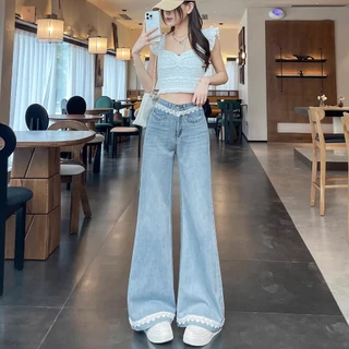 S~5XL Flared wide-leg jeans กางเกงยีนส์ขายาวทรงบานแต่งขอบลูกไม้สุดอินเทรนด์ สไตล์ใหม่ปี 2026 เอวสูง ทรงหลวม ขากางเกงตรง