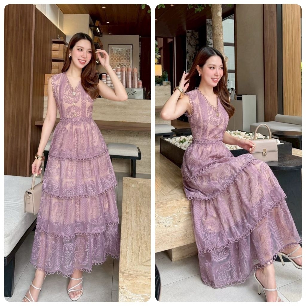 French Korea ชุดเดรสลูกไม้ฉลุแขนกุด สีม่วง กระโปรงระบายชั้น ใส่ไปทำบุญ ใส่ออกงานสวยหวาน Abigail