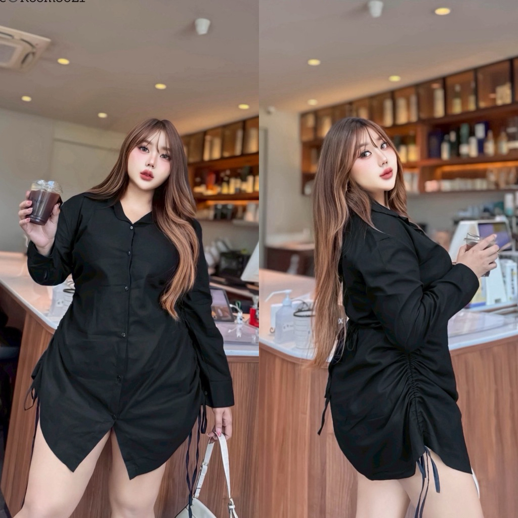 /TB/ เดรสเชิ้ตสาวอวบ รูดข้าง เชือกผูกเข้ารูป #เสื้อผ้าไซส์ใหญ่ พลัสไซส์