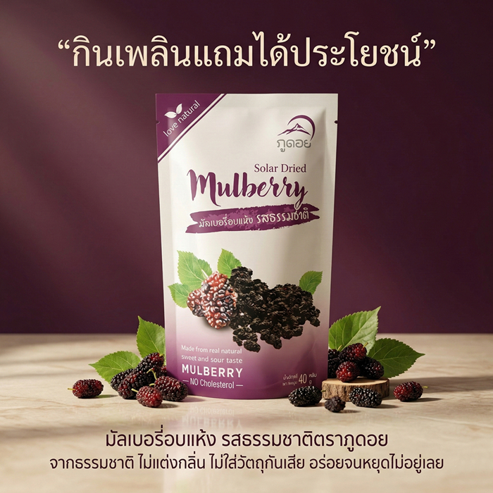 มัลเบอรี่ ลูกหม่อนอบแห้ง ตราภูดอย สูตรหวานน้อยไขมันต่ำ วิตามินซีสูง ผลไม้อบแห้งเพื่อสุขภาพ ขนมคลีน ธรรมชาติ ขนาด40 กรัม