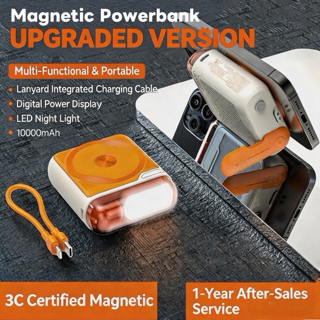 [รุ่นอัปเกรด] พาวเวอร์แบงค์แม่เหล็กไร้สาย 10000mAh ชาร์จเร็ว 22.5W มีขาตั้ง สายในตัว จอแสดงผล ไฟLED แบตเตอรี่สำรอง