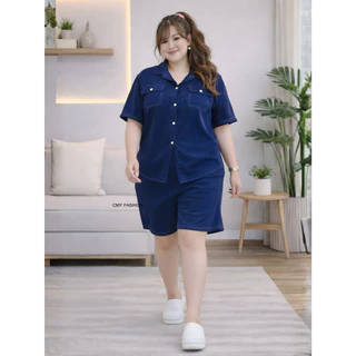 ชุดเซ็ทสาวอวบ ไซส์ใหญ่ เสื้อคอปก แขนสั้น กางเกงขาสั้น ผ้าสปันอัดลายย่น เนื้อผ้าใส่สบาย ใส่ได้ทั้งชายและหญิง cb588#