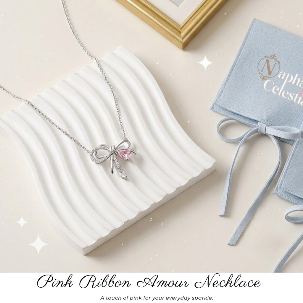 🩵N.Celestia🩵 Pink Ribbon Amour Necklace 🎀สร้อยคอโบว์เกาหลี ชุบเงินแท้ 92.5%  💖 จี้พลอยชมพู Coquette 