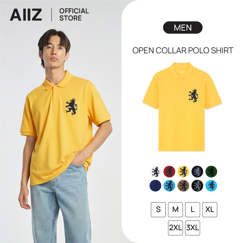 AIIZ เสื้อโปโลผู้ชายผ้าปิเก้ ปักสิงห์ Men's Big Lion Pique Polo Shirts