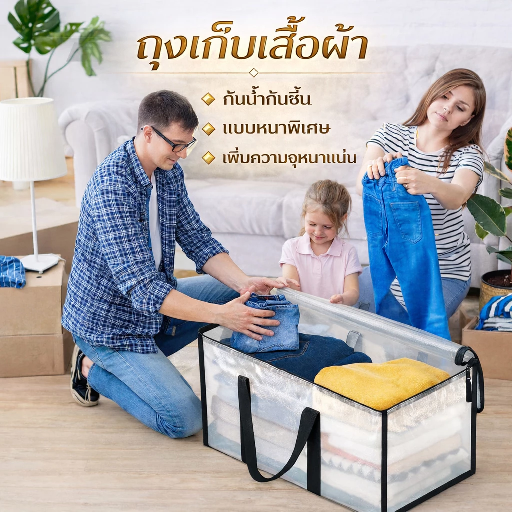 ถุงเก็บของขนาดใหญ่ ถุงเก็บเสื้อผ้า ถุงเก็บผ้านวม ผ้าห่ม รุ่นหนาพิเศษ กันน้ำ กันฝุ่น กันชื้น พับเก็บได้ PP/PE