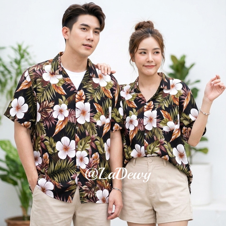 งานไทย เสื้อสงกรานต์ลายดอก ผู้ชาย ผู้หญิง 5สี 7ไซส์ ลายชบาแซมใบเฟิร์น สีเข้ม Hawaiian Shirt HW309
