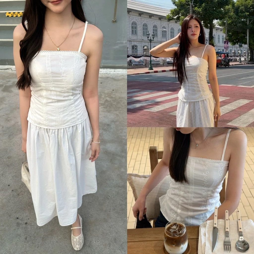 Belle Top (kakki) เสื้อสายเดี่ยว ซับในทั้งตัว ปรับสายได้ ผ้าคัตตอล เสื้อเก็บทรง