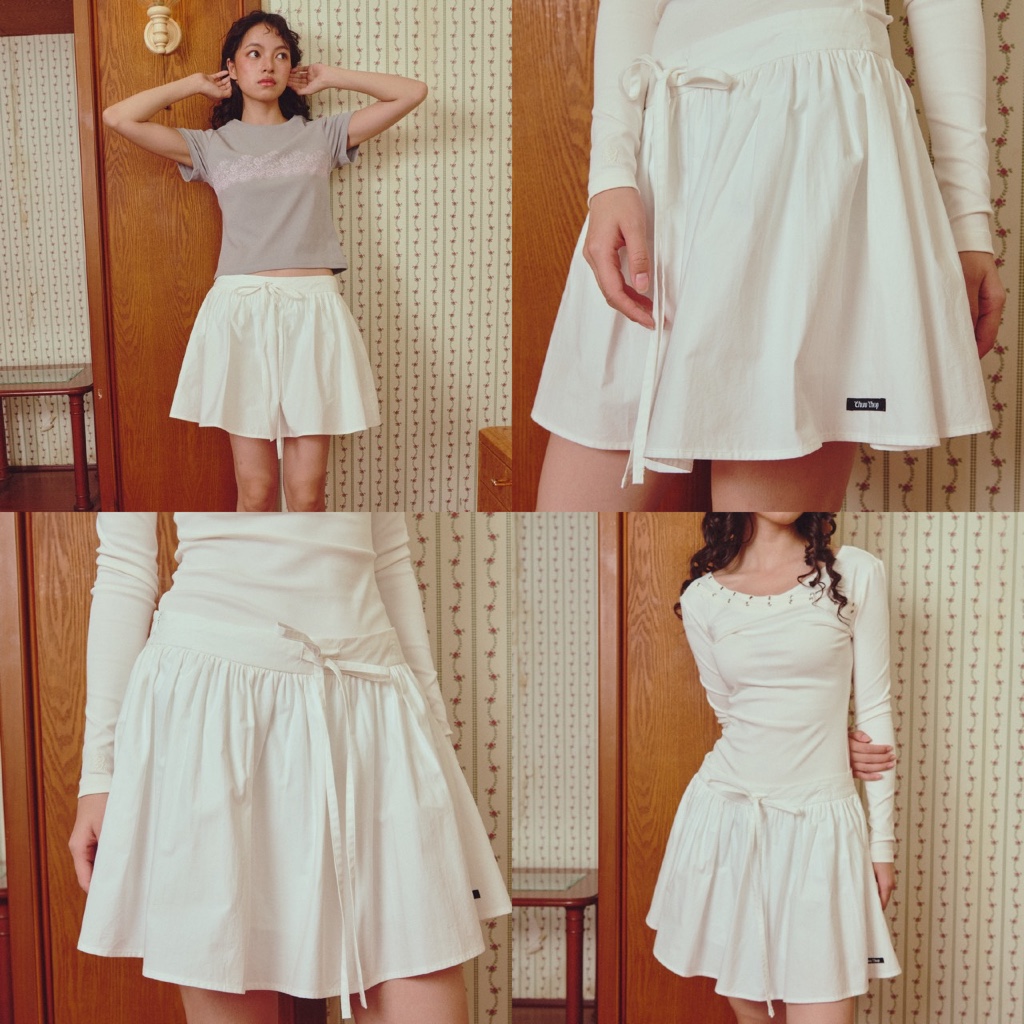 [พร้อมส่ง] CHUUCHOP - (S-L) Jasmine Skirt กระโปรงสั้น มีโบว์ผูก ทรงพริ้ว ดีไซน์น่ารัก ใส่สบาย ระบายอากาศดี (C8529)