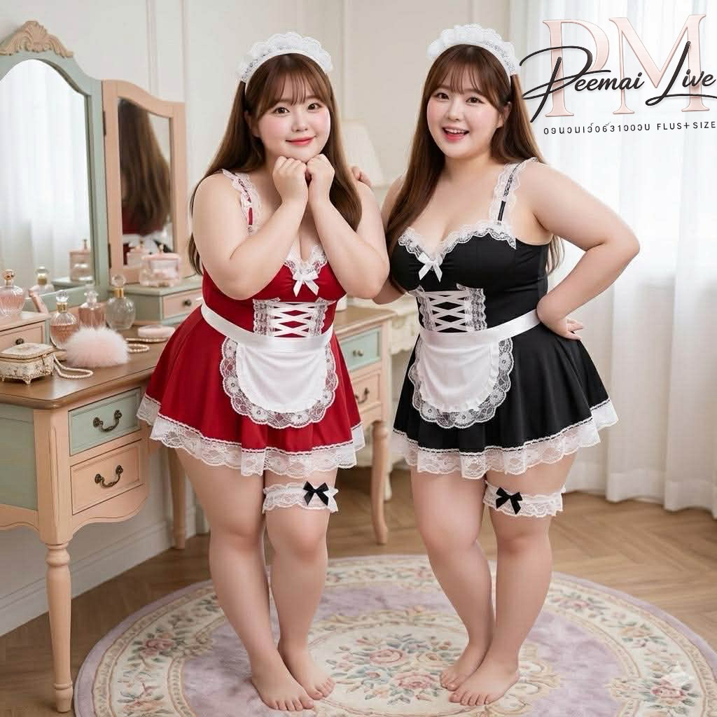 PEEMAI LIVE ชุดเมดแม่บ้านสาวอวบ(XL-3XL) ชุดนอนไม่ได้นอน ตกแต่งลูกไม้สีขาวทั้งตัว มาพร้อมอุปกรณ์เข้าเซตครบ P-026