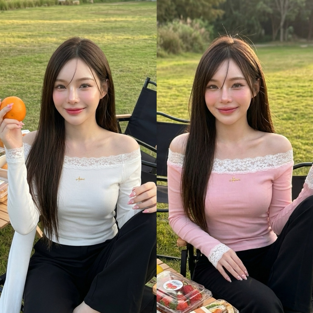 ❤️ Diiz’s ❤️ เสื้อยืด แขนยาว ปาดไหล่ เปิดไหล่  ผ้าร่องเล็ก อกลูกไม้