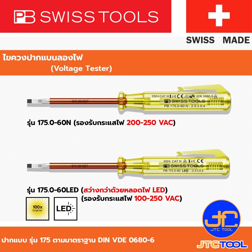 PB SWISS TOOLS ไขควงลองไฟ 110-250V รุ่น 175.0-60 - Voltage Tester V110-250V No.175.0-60
