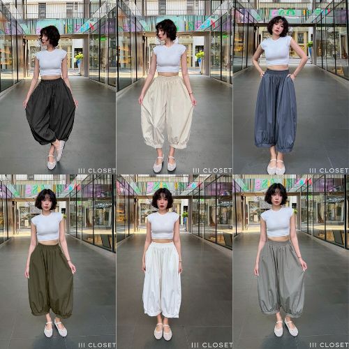 กางเกง 8 ส่วน lll Freesize lll COM531 ทรงขาบอลลูน ปลายขาจั๊ม เอวสม็อก มีกระเป๋าข้าง เนื้อผ้าครัชอย่างดี ผ้าไม่ต้องรีด