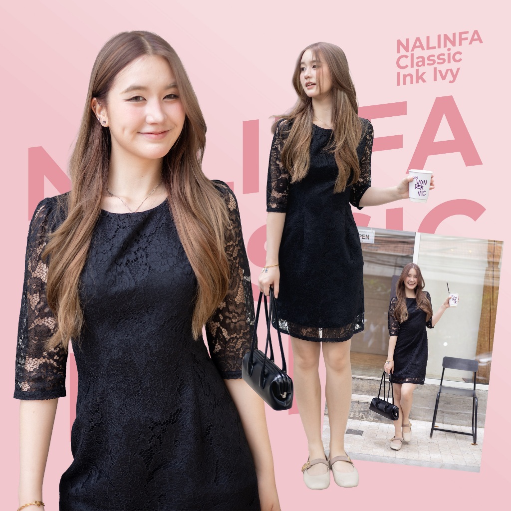 NALINFA Classic Ivy Ink - เดรสผ้าลูกไม้สีดำ แขนสามส่วน ทรงยอดฮิต