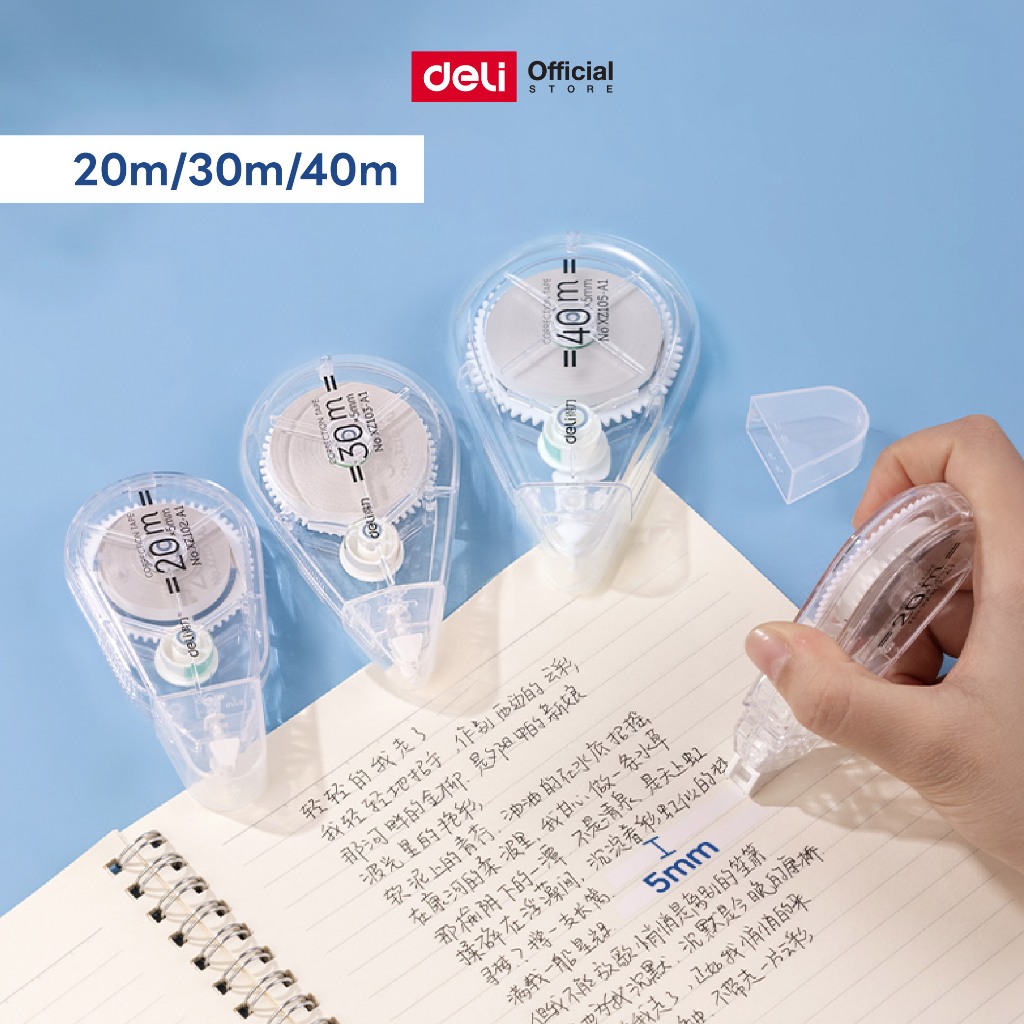 เทปลบคำผิดไซส์พกพา Deli รุ่น XZ102/XZ103/XZ104 โฉมใหม่ ไส้ยาว (20m/30m/40m)(จำหน่าย 1 แพ็ค/5 ชิ้น)