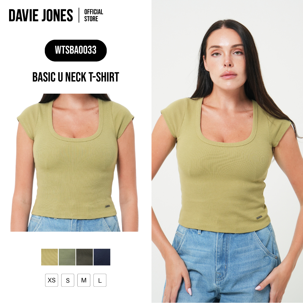 DAVIE JONES WOMEN [BE FEARLESS] เสื้อยืดผู้หญิง U Neck T-Shirt สีเขียวอ่อน เขียว เขียวขี้ม้า กรม BA0033