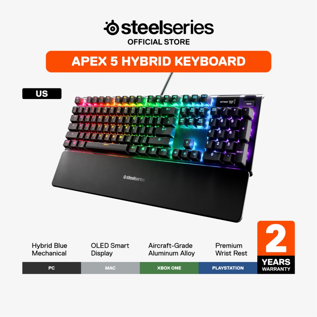 SteelSeries Apex 5 คีย์บอร์ดเกมมิ่งกึ่งแมคคานิคอล ขนาดเต็ม ไฟ RGB สีดำ